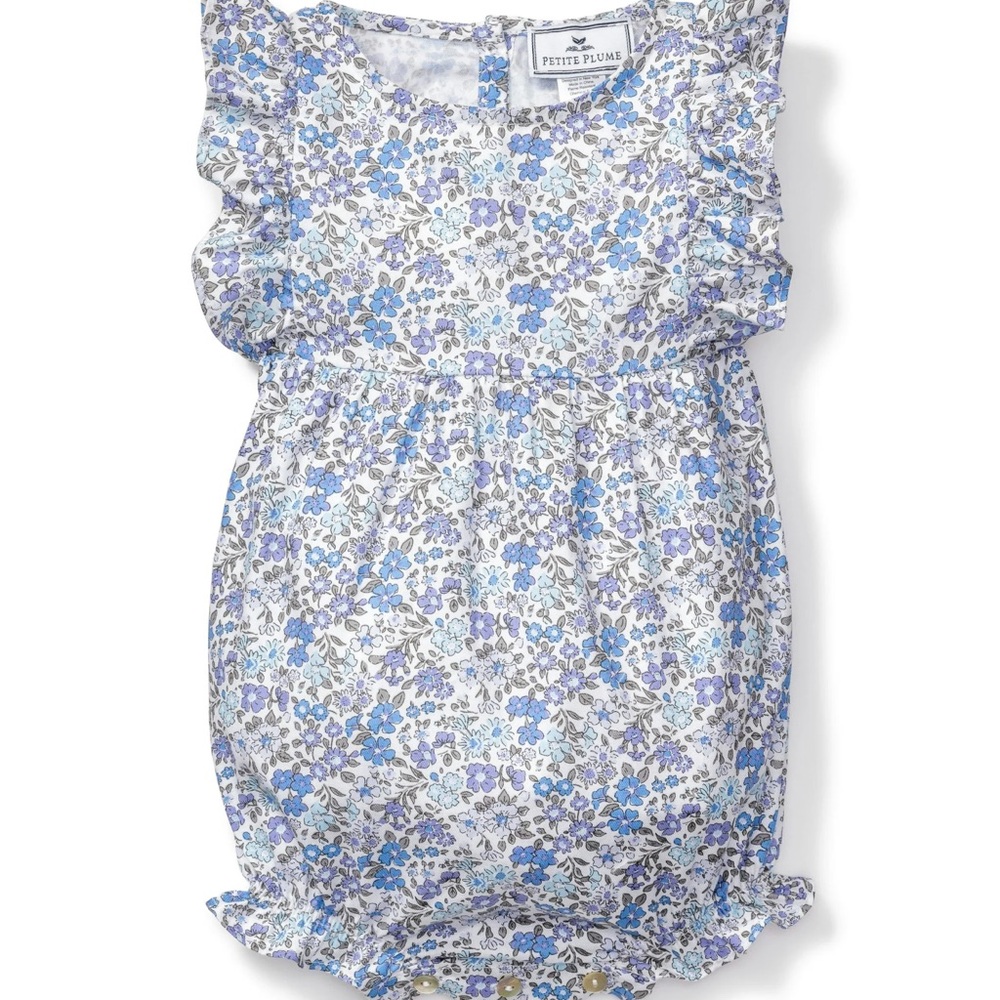 Petite Plume Twill Ruffled Romper in Fleur D’Azur